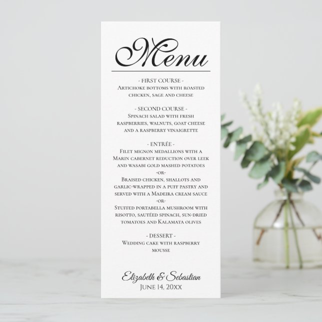 Menu Script preto de Elegância Simples no Casamento Bra (Em pé/Frente)