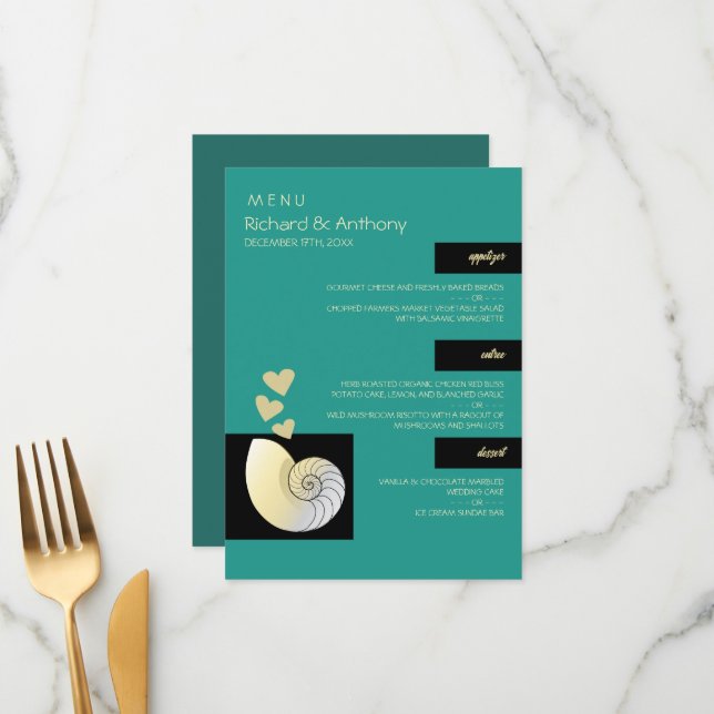 Menu Seashell and Hearts, Beach Wedding (Frente/Verso In Situ)