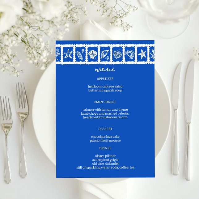 Menu Seashell Grid Beach WedOM Azul Branco (Seashell Grid Beach Wedding Blue White CUSTOM Menu
)