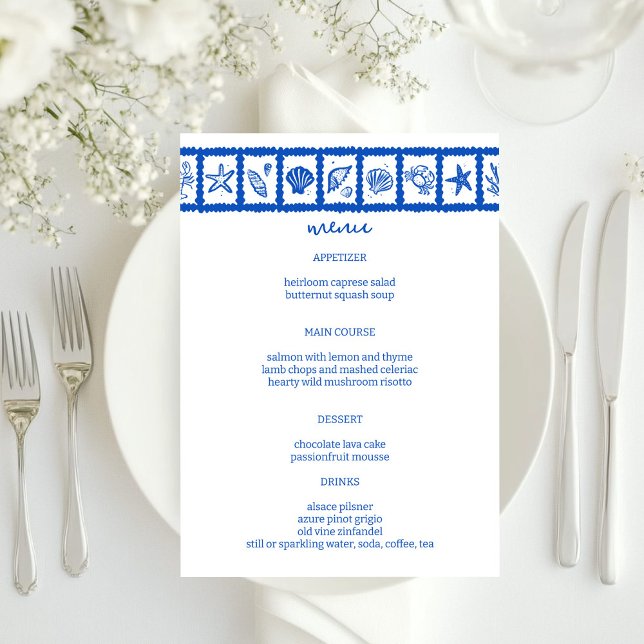 Menu Seashell Grid Beach WedOM Azul Branco (Seashell Grid Beach Wedding Blue White CUSTOM Menu
)