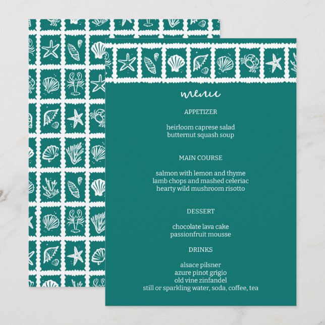 Menu Seashell Grid Beach WedOM Verde White (Frente/Verso)