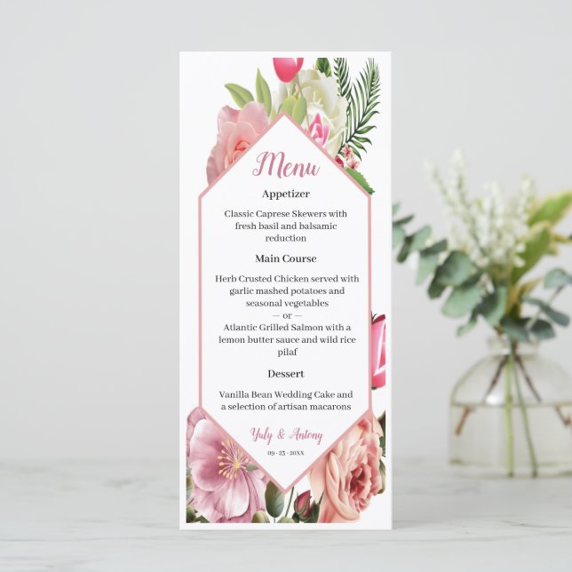 Menu Seleção de Jantar Floral Rosa Hexágono (Em pé/Frente)