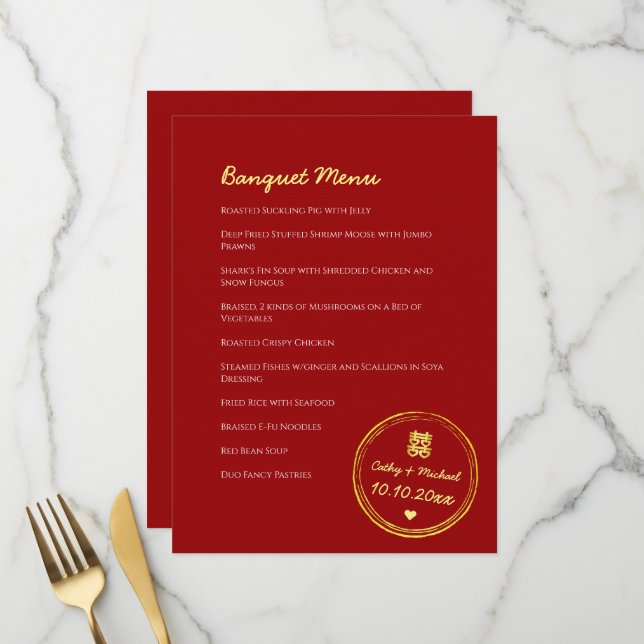 Menu Selo de dupla felicidade de casamento chinês verme (Frente/Verso In Situ)