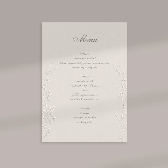 Menu Selvagens Ecru Faux Casamento Formal Embarcado (formal wedding menu card traditional calligraphy ecru faux embossed wildflowers elegant classic)