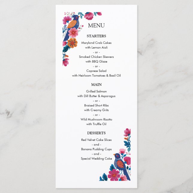 Menu Sensuous Folk Birds and Flowers Wedding Pattern (Frente)