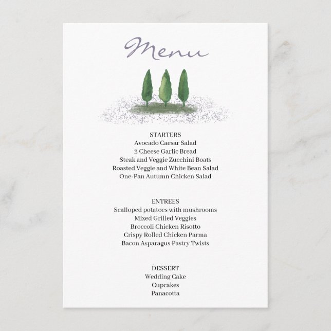 Menu Serviço de Casamento de Lavandas da Árvore Florest (Frente)