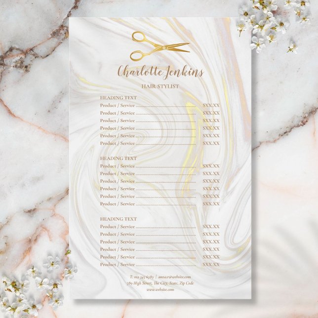 Menu Serviço de Tesoura Dourada Hairstylist (Hairstylist Gold Scissors Marble Service Menu Flyer)