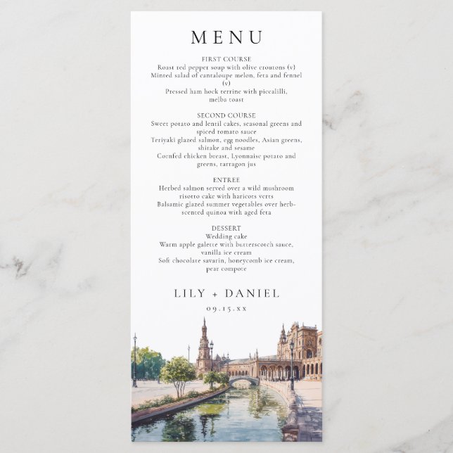 Menu Seville Spain Watercolor Elegant Wedding (Frente)