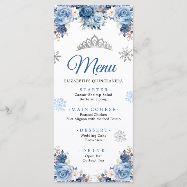 Menu Silver Blue Winter Magical Snowflake Mis Quince (Frente)