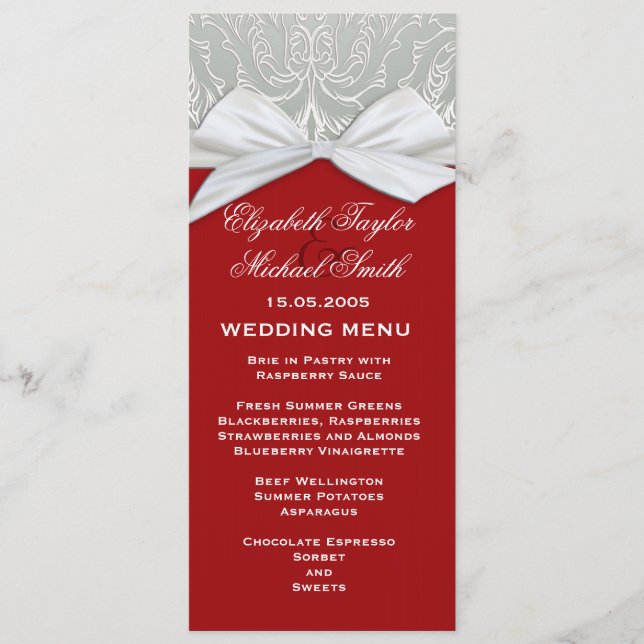 Menu Silver da Faixa de Luxo/Casamento tema damasc (Frente)