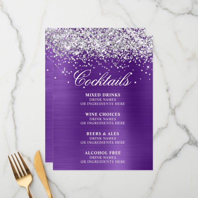 Menu Silver Glitter Royal Purple Foil Cocktails Bar (Frente/Verso In Situ)