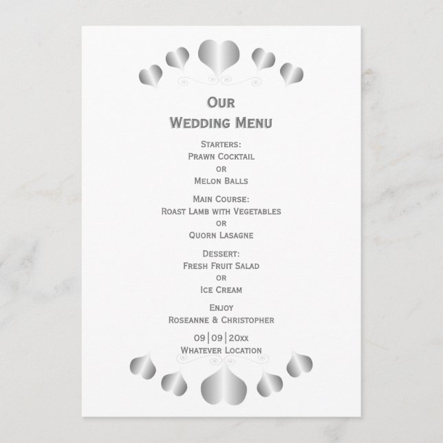Menu Silver Hearts Design Wedding (Frente)