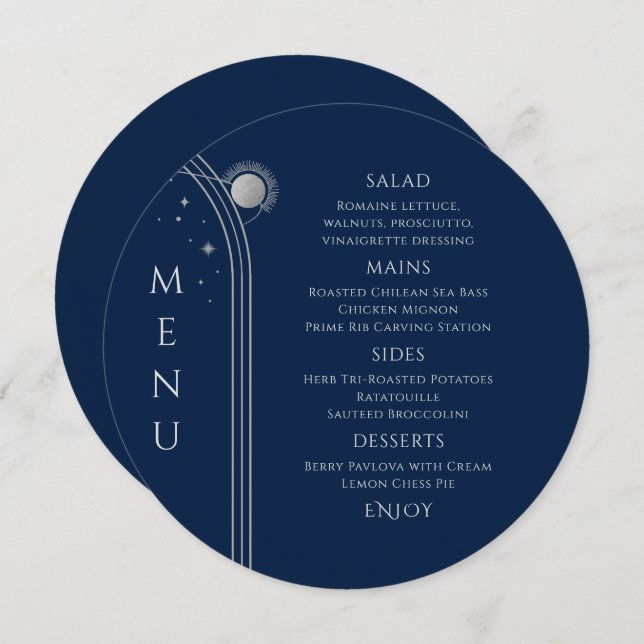 Menu Silver Sun Lua Solar Azul Místico Estende Casament (Frente/Verso)