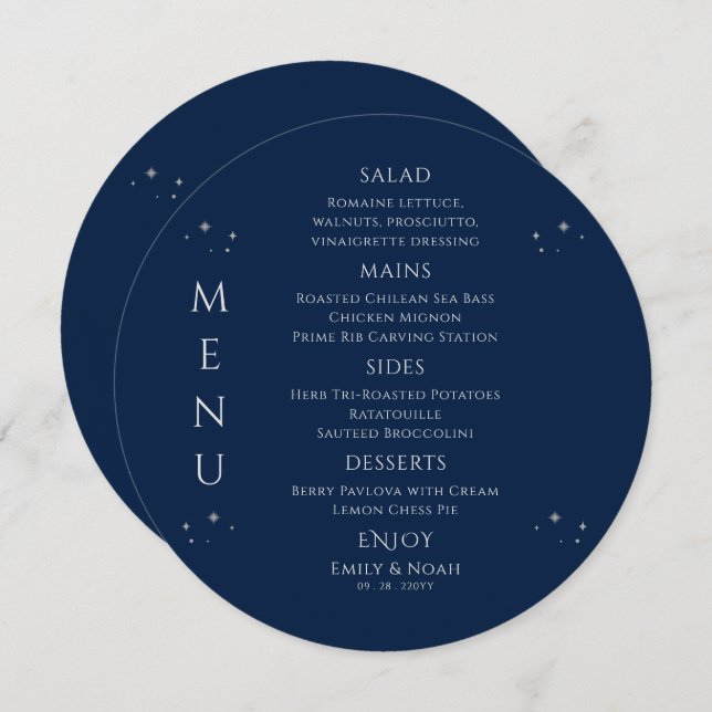 Menu Silver Sun Lua Solar Azul Místico Estende Casament (Frente/Verso)