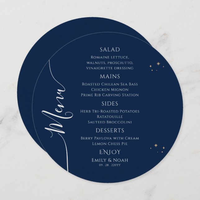 Menu Silver Sun Lua Solar Azul Místico Estende Casament (Frente/Verso)