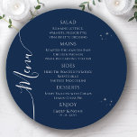 Menu Silver Sun Lua Solar Azul Místico Estende Casament<br><div class="desc">Mystical Blue Silver Sun Moon Stars Space Wedding Cards com carateres cardápios com estrelas prateadas simples em um fundo azul com seus detalhes cardápios no centro em um moderno roteiro de caligrafia prateada. Personalize editando o texto nas caixas de texto fornecidas. Concebido para si por ©Evco Studio em www.zazzle.com/store/evcostudio</div>