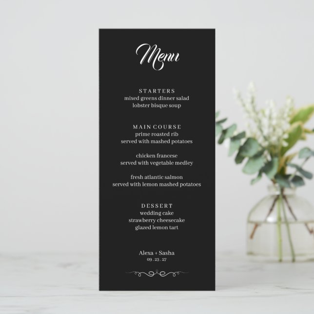 Menu Simple Black & White Elegant Minimalist Wedding (Em pé/Frente)