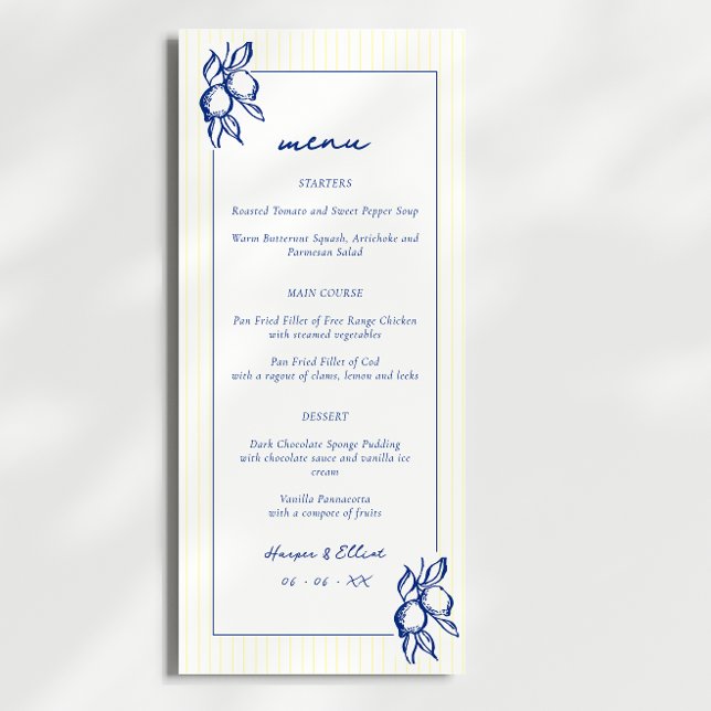 Menu Simple Blue & Yellow Doodle Lemons Wedding (Criador carregado)