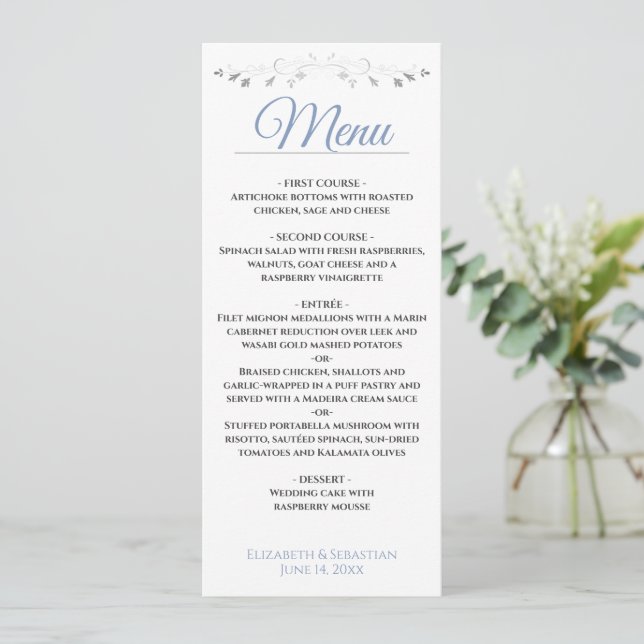 Menu Simple Elegant Blue & Silver Lacy Filigree Wedding (Em pé/Frente)