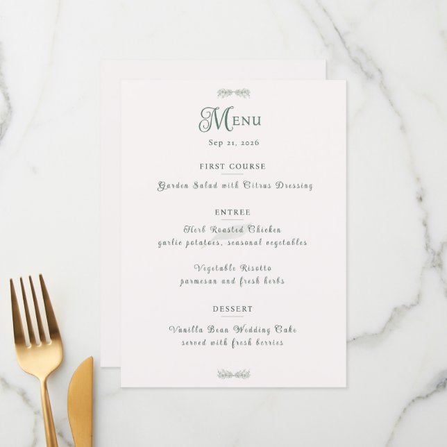 Menu Simple Sage Green Botanical Minimalist Wedding (Frente/Verso In Situ)