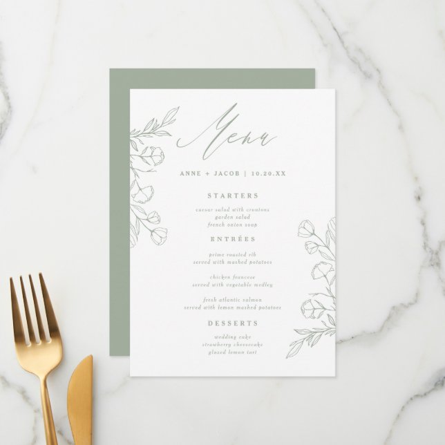 Menu Simple Sage Green Greenery Boho Casamento Floral (Frente/Verso In Situ)