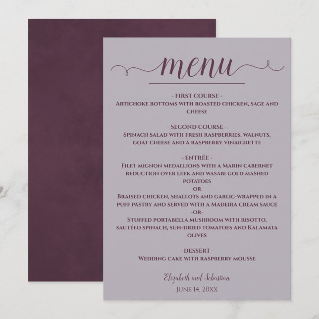 Menu Simples ameixa Elegante no Casamento de Lavandas D (Frente/Verso)