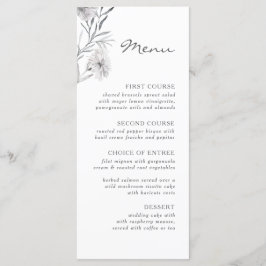 Menu Simples cinza e flor desenhada. Casamento Botânico