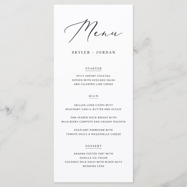 Menu Simples Comida de Casamento de Script Elegante (Frente)