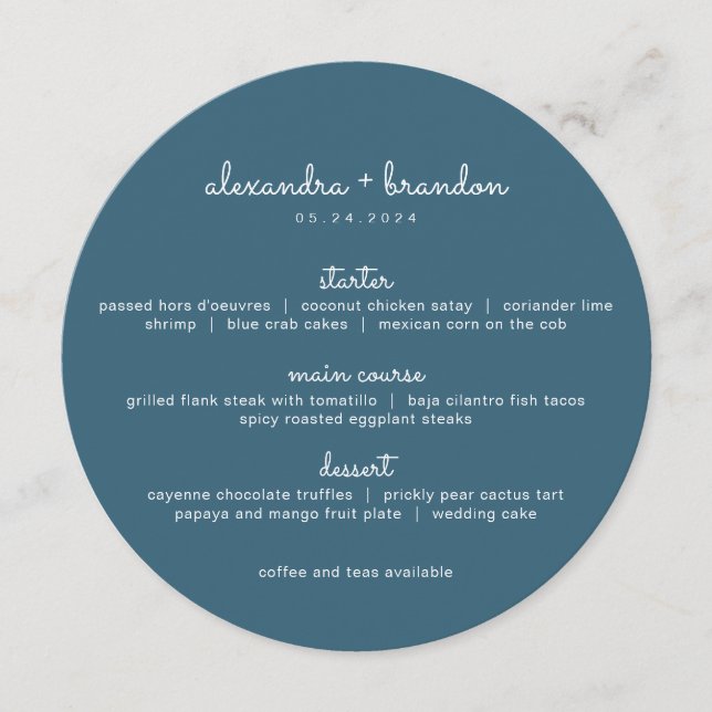 Menu Simples De Casamento Azul Arredondado (Frente)