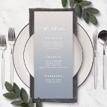 Menu Simples de Casamento Azul e Sem Branco<br><div class="desc">Menus Simples De Janto De Recepção de casamento Azul E Esbranquiçado. Esta moderna placa de menus chic é simples, clássica e elegante, com um desvanecimento sutil do gradiente ombre e uma bonito letra de caligrafia com script de assinatura com caudas. Mostrada na nova estrada. Disponível em várias opções de cor...</div>