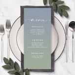 Menu Simples de Casamento Azul e Verde de Omã<br><div class="desc">Menus Simples De Recepção de casamento Azul E Verde De Ombre. Esta moderna placa de menus chic é simples, clássica e elegante, com um desvanecimento sutil do gradiente ombre e uma bonito letra de caligrafia com script de assinatura com caudas. Mostrada na nova estrada. Disponível em várias opções de cor...</div>