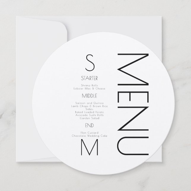 Menu Simples de Casamento com Letra Preta Monogram (Frente)
