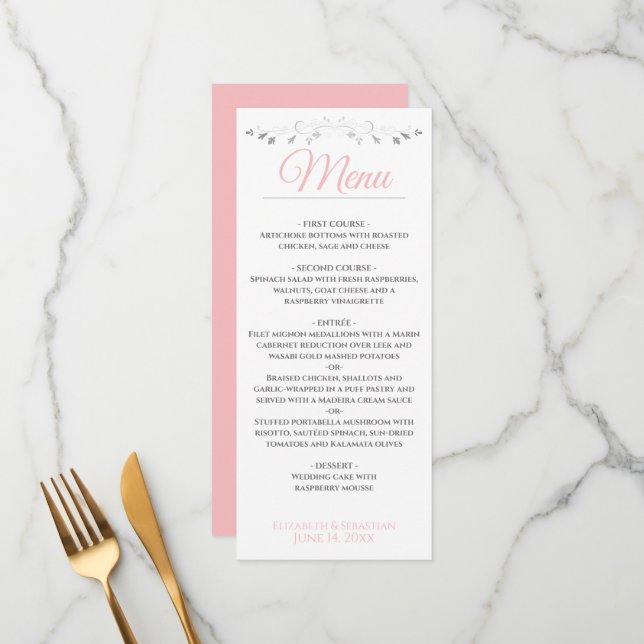 Menu Simples de Casamento Elegante Rosa e Cinza (Frente/Verso In Situ)