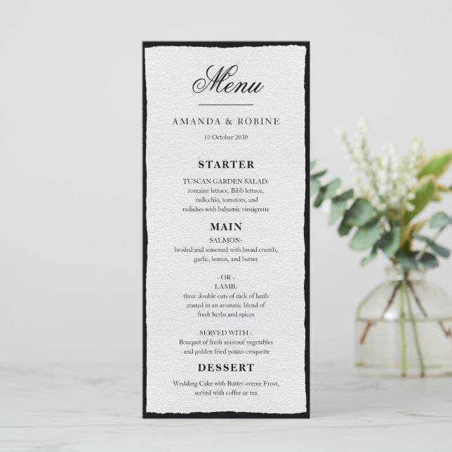 Menu Simples De Casamento Mínimo Preto E Branco (Em pé/Frente)