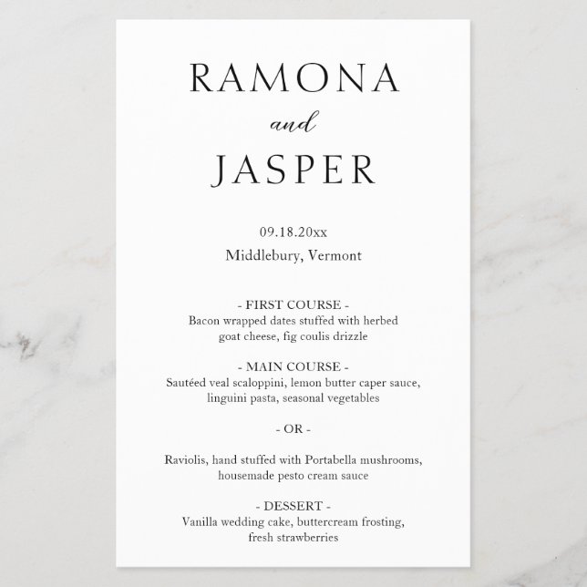 Menu Simples de Casamento Moderno Negro e Branco (Frente)