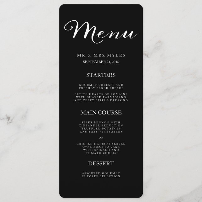 Menu Simples de Casamento Negro e Branco Elegante (Frente)