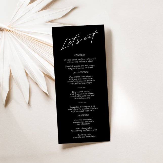 Menu Simples de Casamento Negro Elegante "Elegante ("Let's Eat" Simple Elegant Black Wedding Menu)