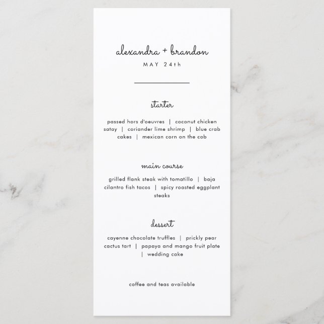 Menu Simples de Casamento Preto e Branco (Frente)