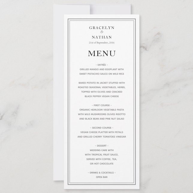 Menu Simples de Casamento Preto e Branco (Frente)