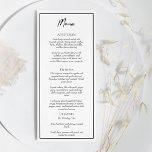 Menu Simples e Minimalista do Plano de Casamento<br><div class="desc">Este simples menu minimalista de casamento é perfeito para o seu elegante casamento moderno. Este design apresenta um guião preto simples sobre um fundo branco brilhante neutro para corresponder ao seu casamento clássico tradicional ou ao casamento de boho minimalista no primavera, verão, outono ou inverno. Por favor, sinta-se à vontade...</div>