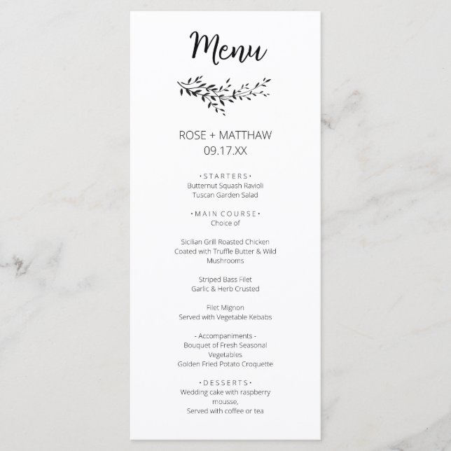 Menu Simples elegância do casamento das folhas botânica (Frente)