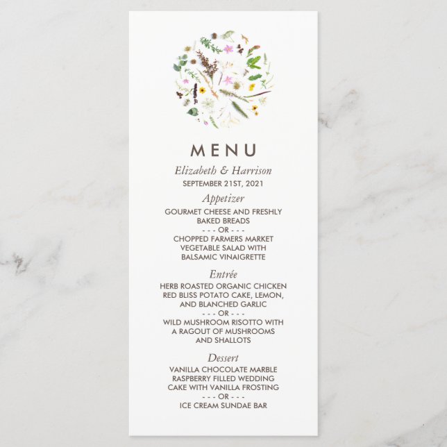 Menu Simples Elegante Botânica Flor Selvagem Casamento (Frente)
