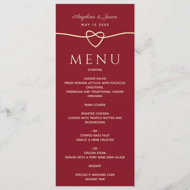 Menu Simples Elegante Moderno Coração Vermelho e Dourad (Frente)