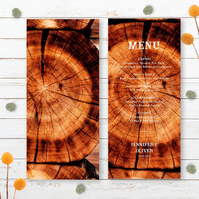 Menu Simples Fatia de Madeira Rústica para Casamento (Front/Back)