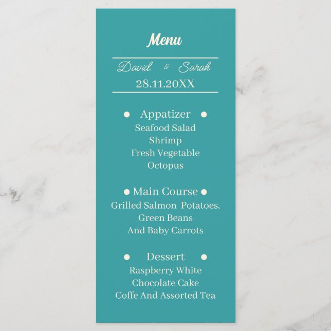 Menu Simples Janto de Casamento Personalizado do Teal (Frente)