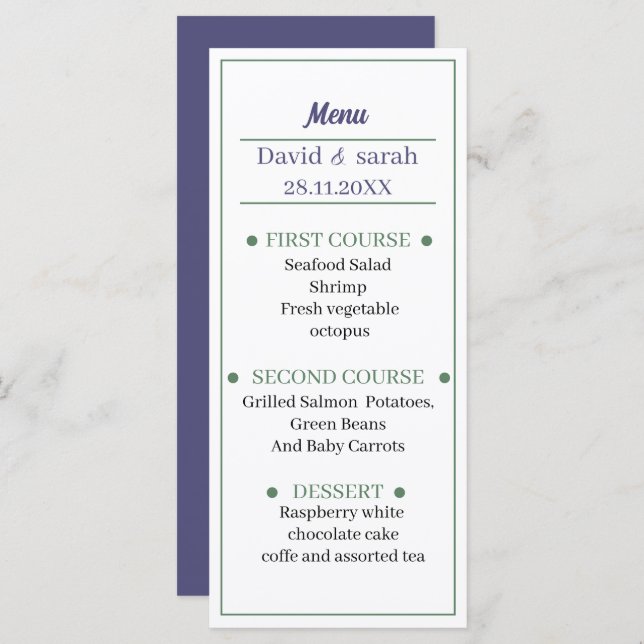 Menu Simples Janto de Casamento Personalizado Púrpura R (Frente/Verso)