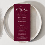 Menu Simples Script Burgundy Wedding<br><div class="desc">Simples menu de casamento com "Menu" exibido em um roteiro branco com um fundo burgundy. Personalize o cardápio de casamento burgundy adicionando seus nomes,  data de casamento e informações do menu. Projetado para coordenar com nossa coleção de casamento Simple Script.</div>