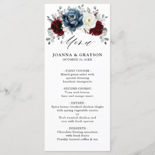 Menu Slate Blue Burgundy White Ivory Floral Casamento