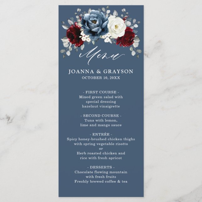 Menu Slate Blue Burgundy White Ivory Floral Casamento (Frente)