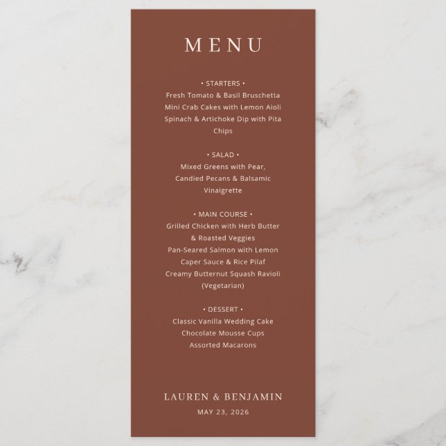 Menu Sofisticado Cardápio de Casamento Marrom Clássico (Frente)